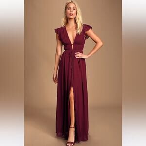Lulu’s I’m All Yours Burgundy Goddess Deep V Grecian Maxi Dress Front Slit XL